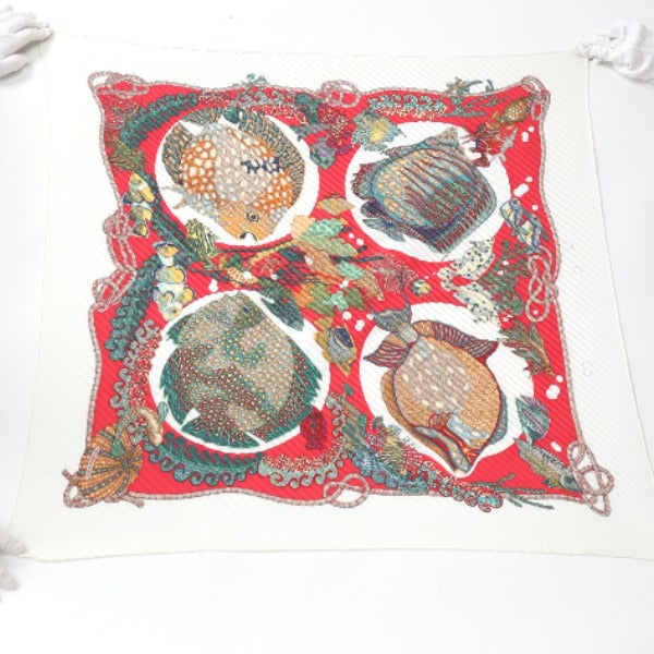 HERMES Scarf
 Pleated scarf, Pleated Carre, Fish pattern, Silk, Red x White [SS]
 【second hand】 