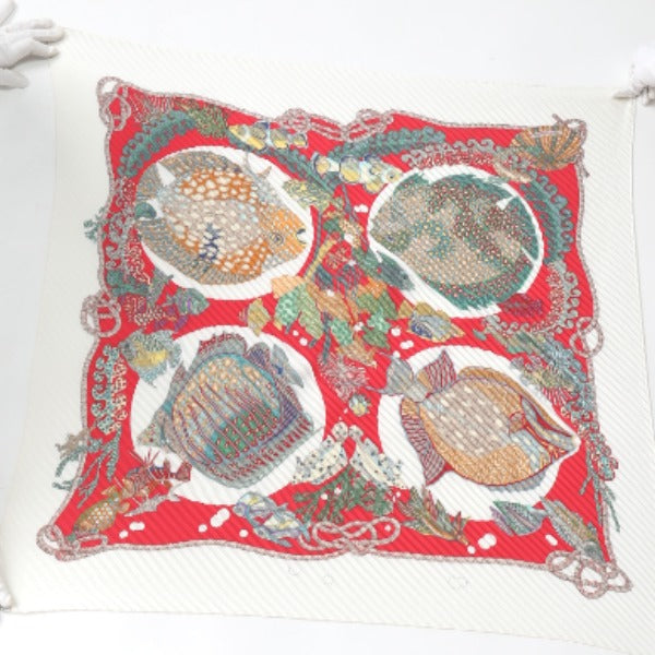 HERMES Scarf
 Pleated scarf, Pleated Carre, Fish pattern, Silk, Red x White [SS]
 【second hand】 