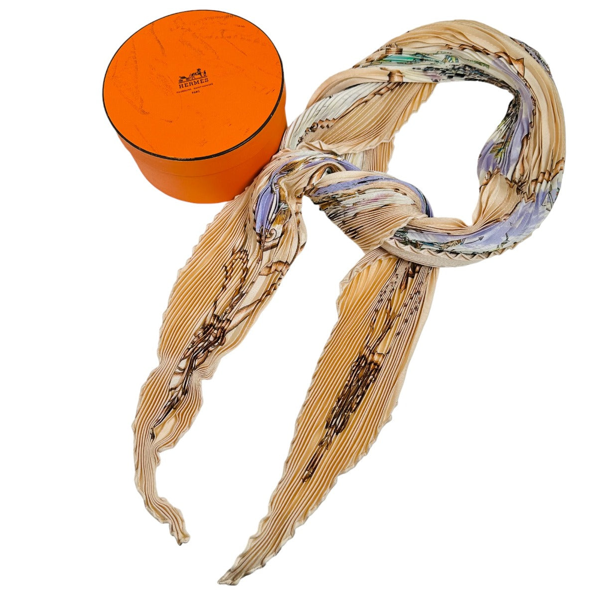 エルメス HERMES スカーフ
 プリーツスカーフ プリーツカレ ムガル王朝の馬 シルク ピンクベージュ 【SS】
 【中古】
