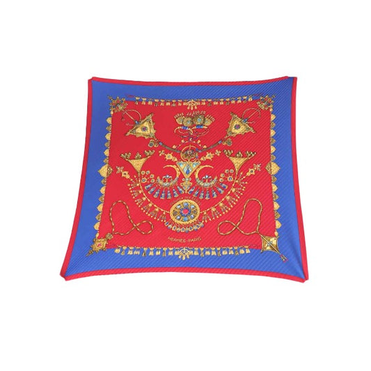 HERMES Scarf
 Pleated scarf, jewel pattern, silk, blue x red [SS]
 【second hand】 