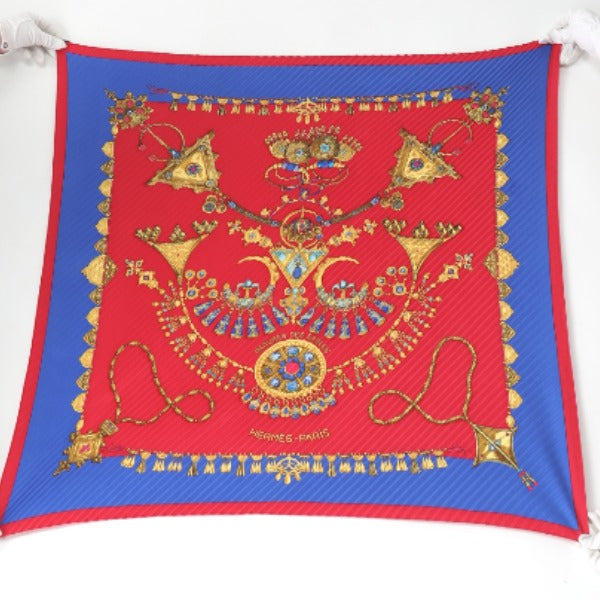 HERMES Scarf
 Pleated scarf, jewel pattern, silk, blue x red [SS]
 【second hand】 