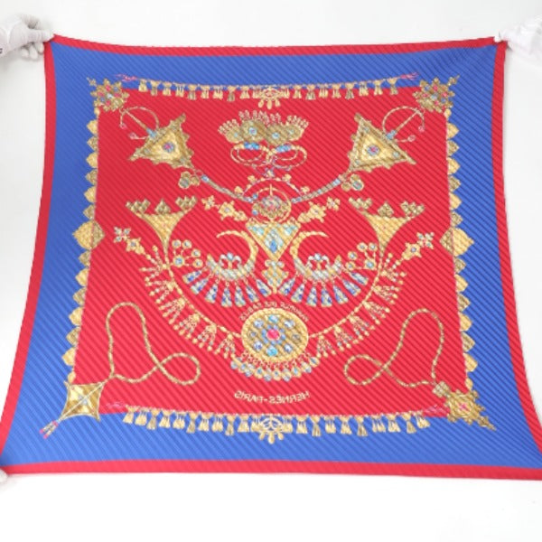 HERMES Scarf
 Pleated scarf, jewel pattern, silk, blue x red [SS]
 【second hand】 