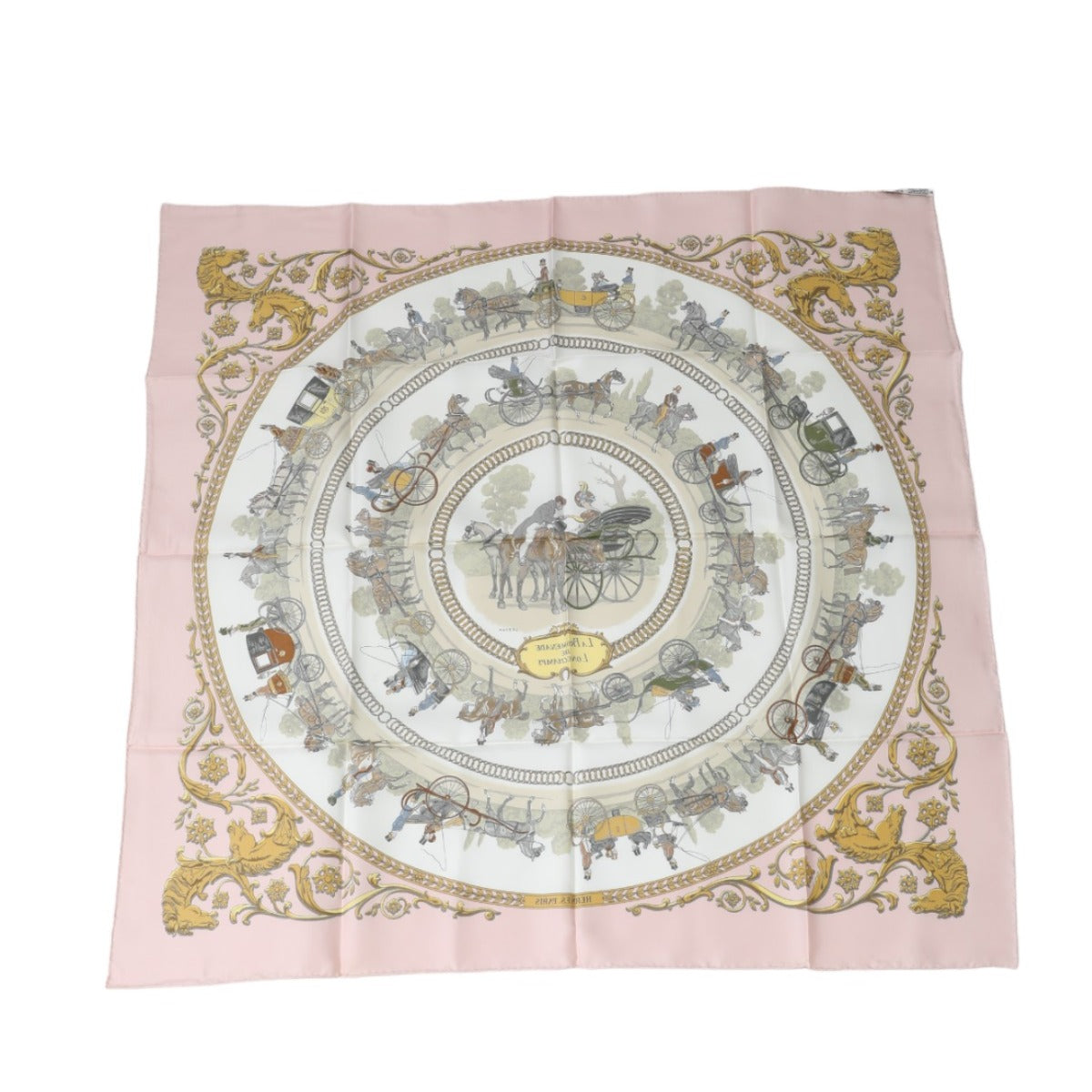 HERMES Scarf
 Scarf Carriage Carre 90 Walk to Longchamp Silk Pink [SS]
 【second hand】 