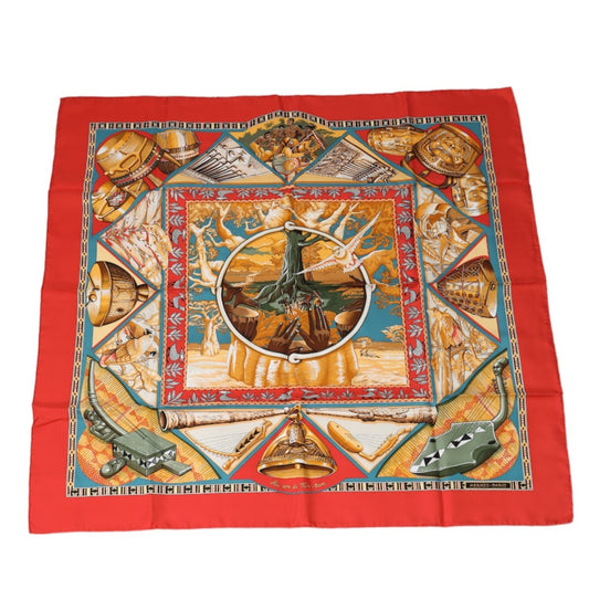 HERMES Scarf
 Stole Au son du Tam Tam Carre 90 Silk Red [SS]
 【second hand】 