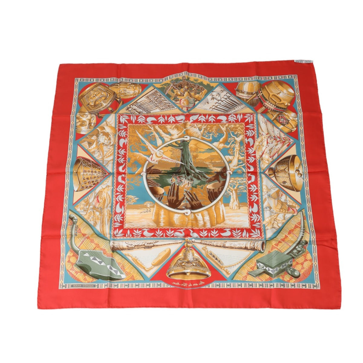 HERMES Scarf
 Stole Au son du Tam Tam Carre 90 Silk Red [SS]
 【second hand】 