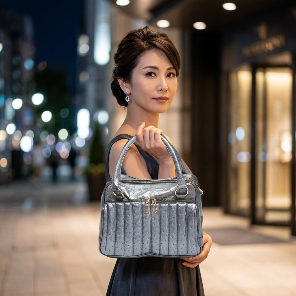 オーストリッチ ostrich ショルダーバッグ
 2WAY トリプルファスナー パール加工 ソフト オーストリッチ SB4120 スチールブルー 【SS】