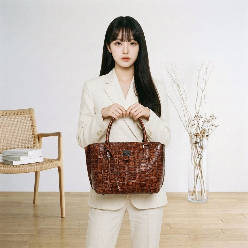 クロコダイル CROCODILE ハンドバッグ
 2WAY 天ファスナー ショルダーストラップ付 パドロック付 クロコダイル LB-3056 ブラウン 【SS】