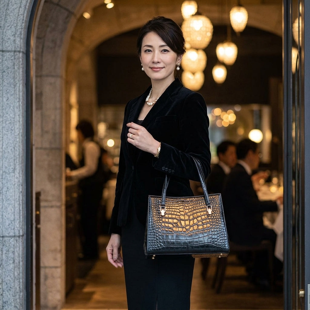 ハンドバッグ
 がま口 クロコダイル シャイニング クロコダイル ブラック 【SS】
 【中古】