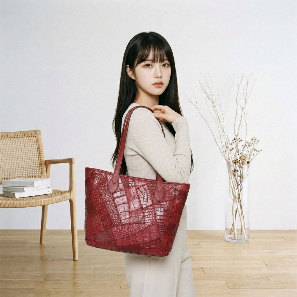 クロコダイル CROCODILE トートバッグ
 ショルダーバッグ 天ファスナー パッチワーク クロコダイル LB-7001 ルビー 【SS】
 【中古】