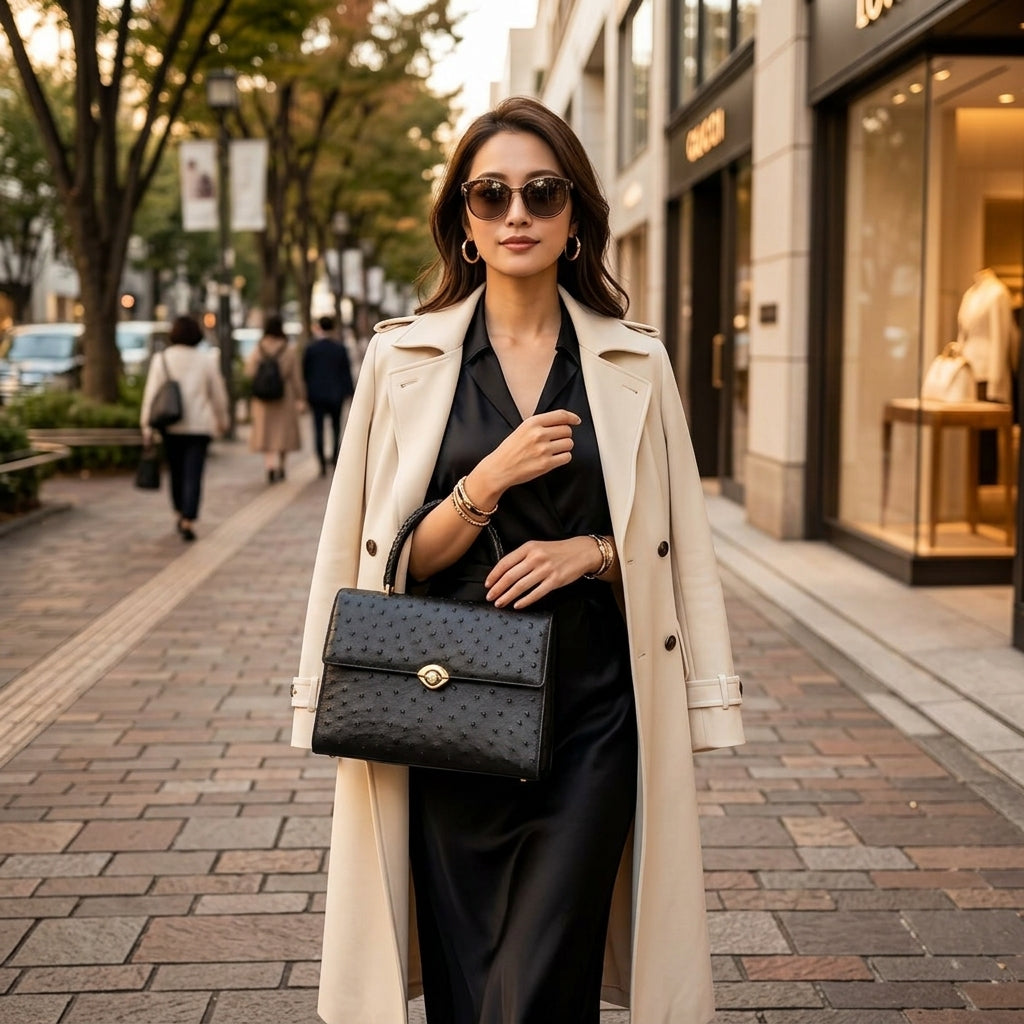 オーストリッチ ostrich ハンドバッグ
 フルポイント ゴールド金具 オーストリッチ ブラック 【H】
 【中古】