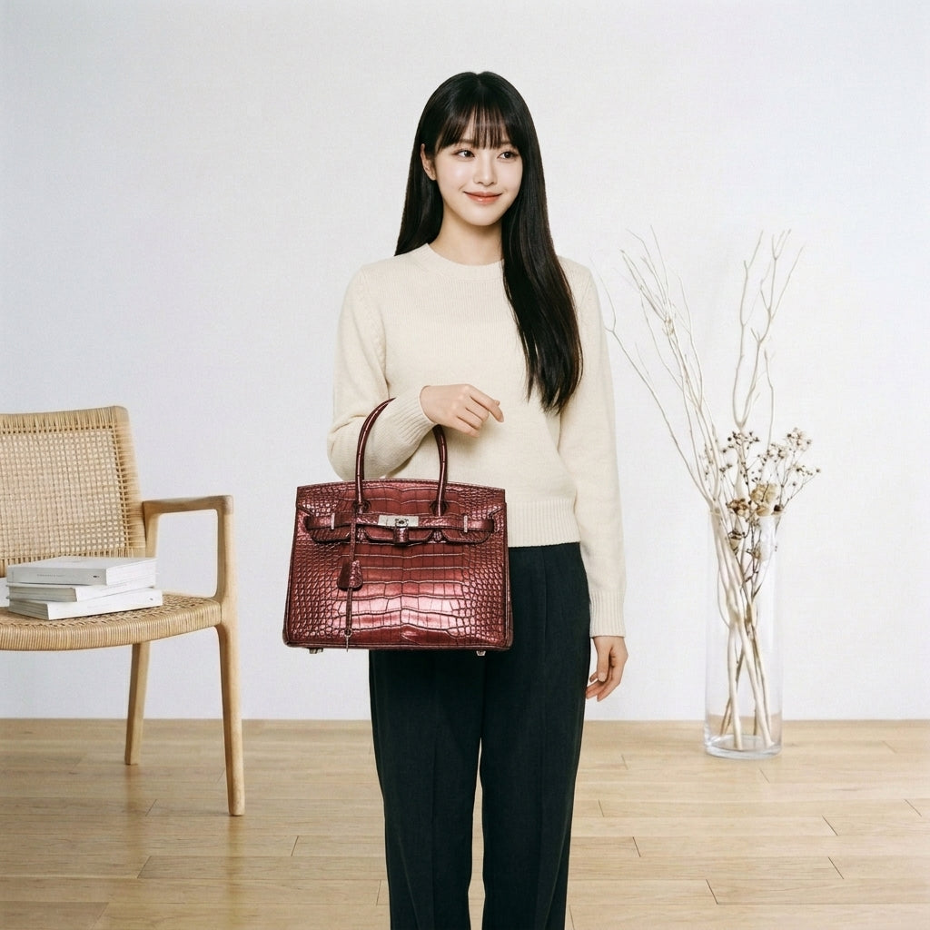 クロコダイル CROCODILE ハンドバッグ
 ヘンローン メタリック 30cm クロコダイル YB-2101 ワイン 【H】