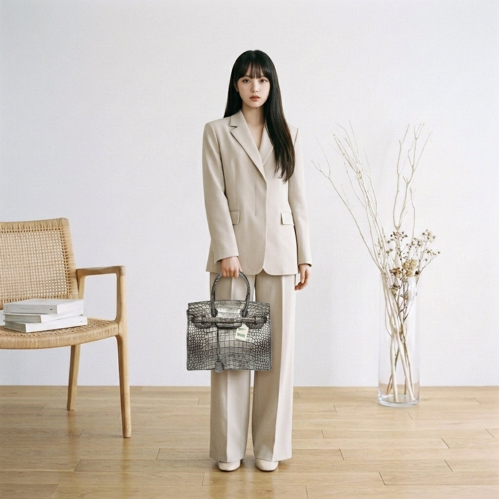 クロコダイル CROCODILE ハンドバッグ
 ヘンローン メタリック 30cm クロコダイル YB-2101 シルバー 【H】