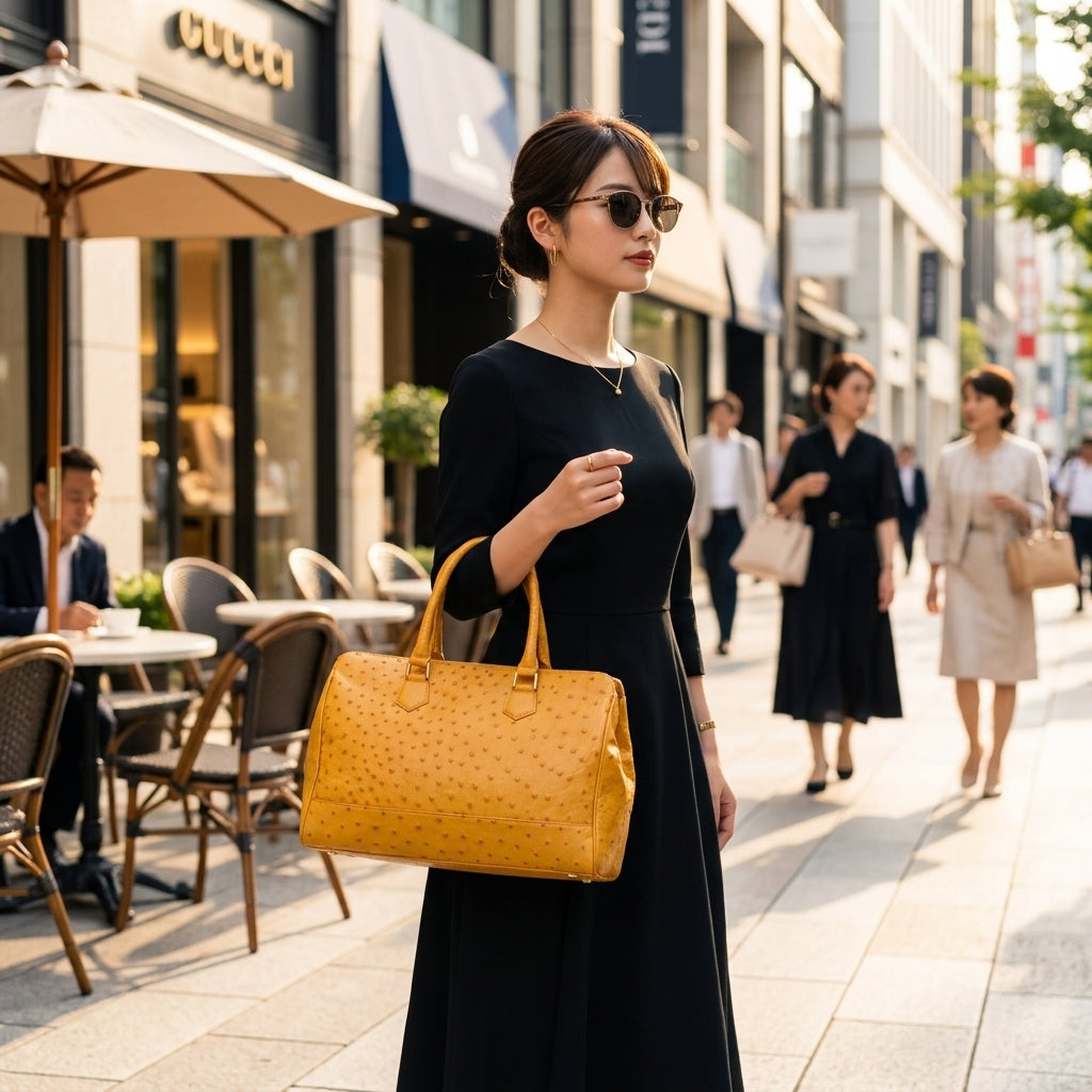 オーストリッチ ostrich ハンドバッグ
 フルポイント 高級革 オーストリッチ キャメル 【H】
 【中古】