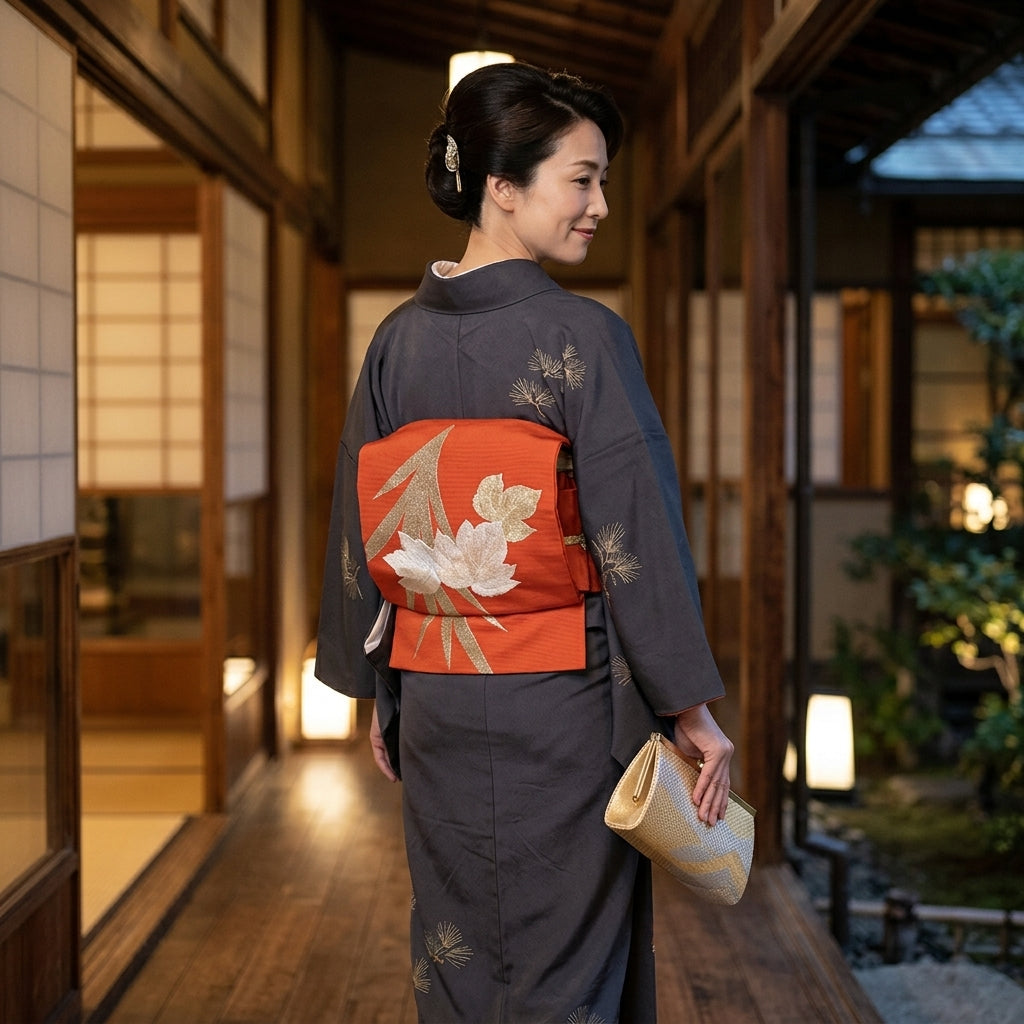 Nagoya obi
 8-inch Nagoya silk, orange background, orange x gold [H]
 【second hand】 